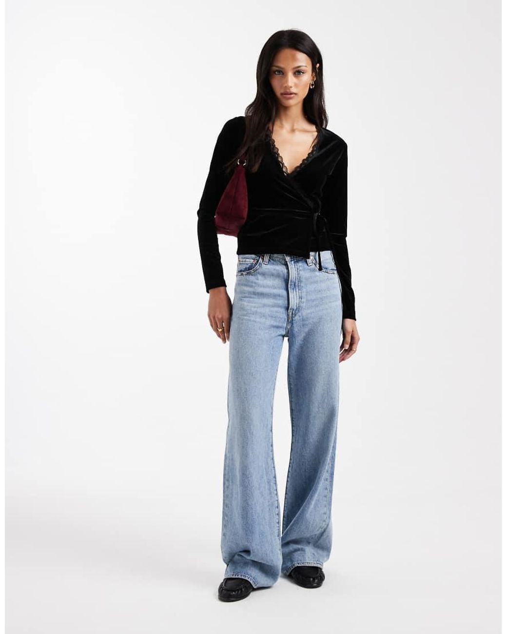 Miss Selfridge Black Velvet Long Sleeve Wrap Top
