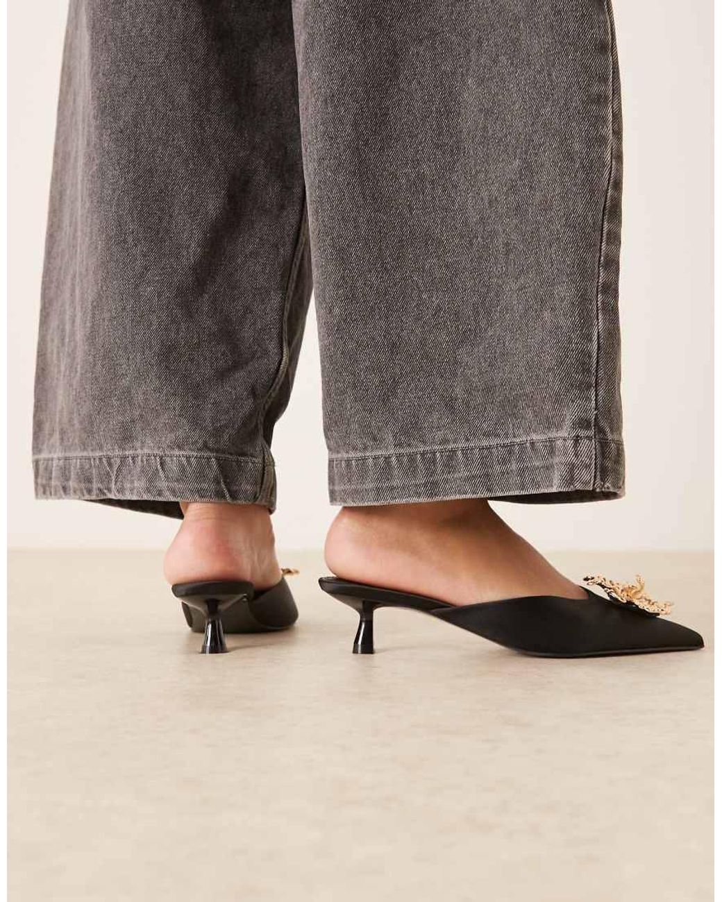 ASOS Gray Savvy Flower Trim Detail Mid Heel Mules