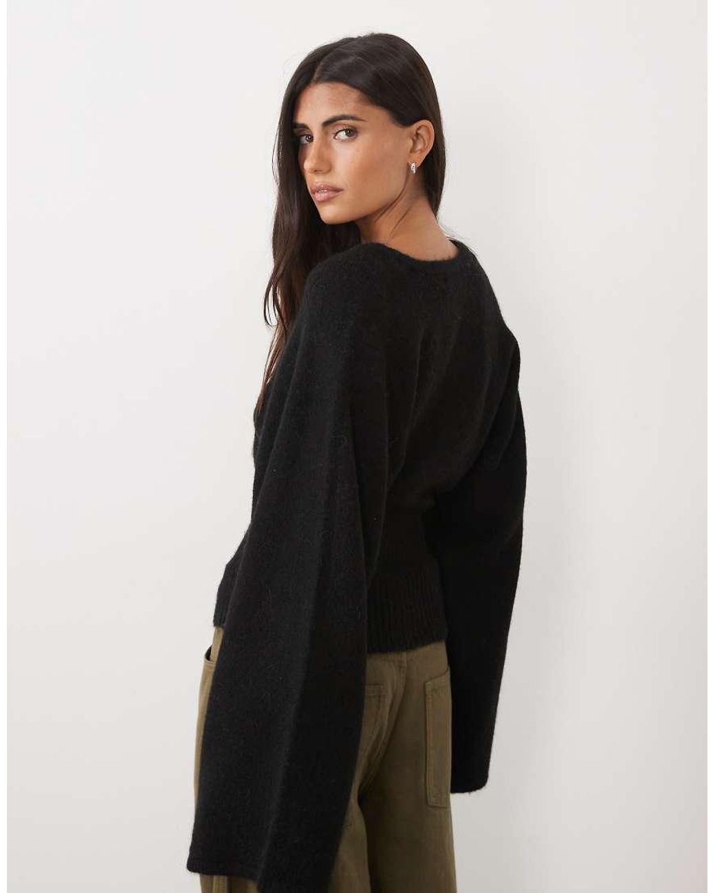 Gina Tricot Black Alpaca Sculpted Fitted Waist Knitted Cardigan With Wool