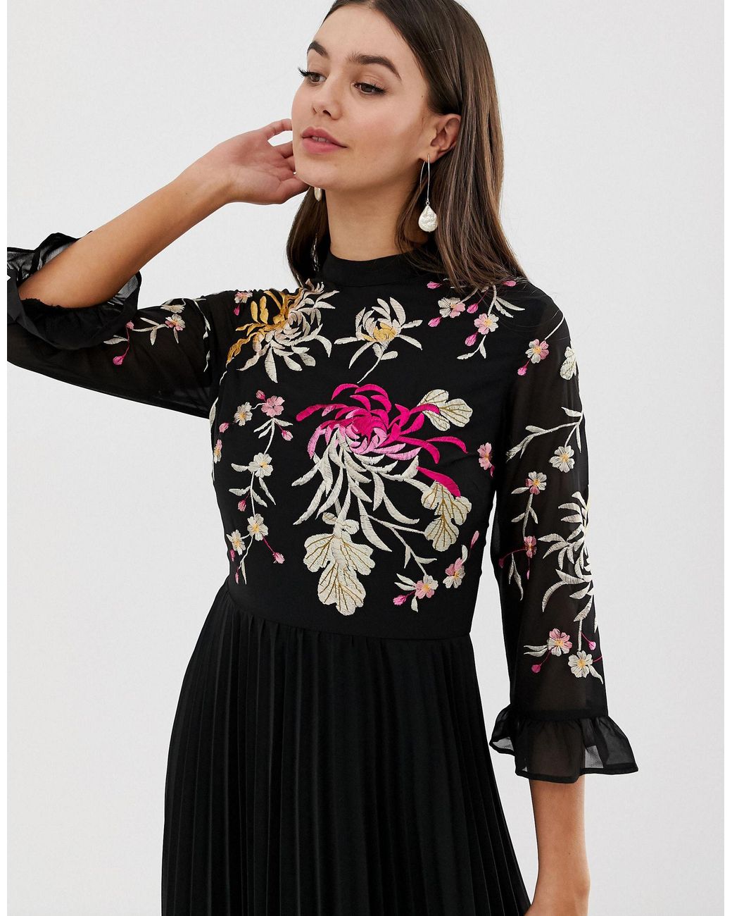 asos design embroidered pleated midi dress with fluted sleeve