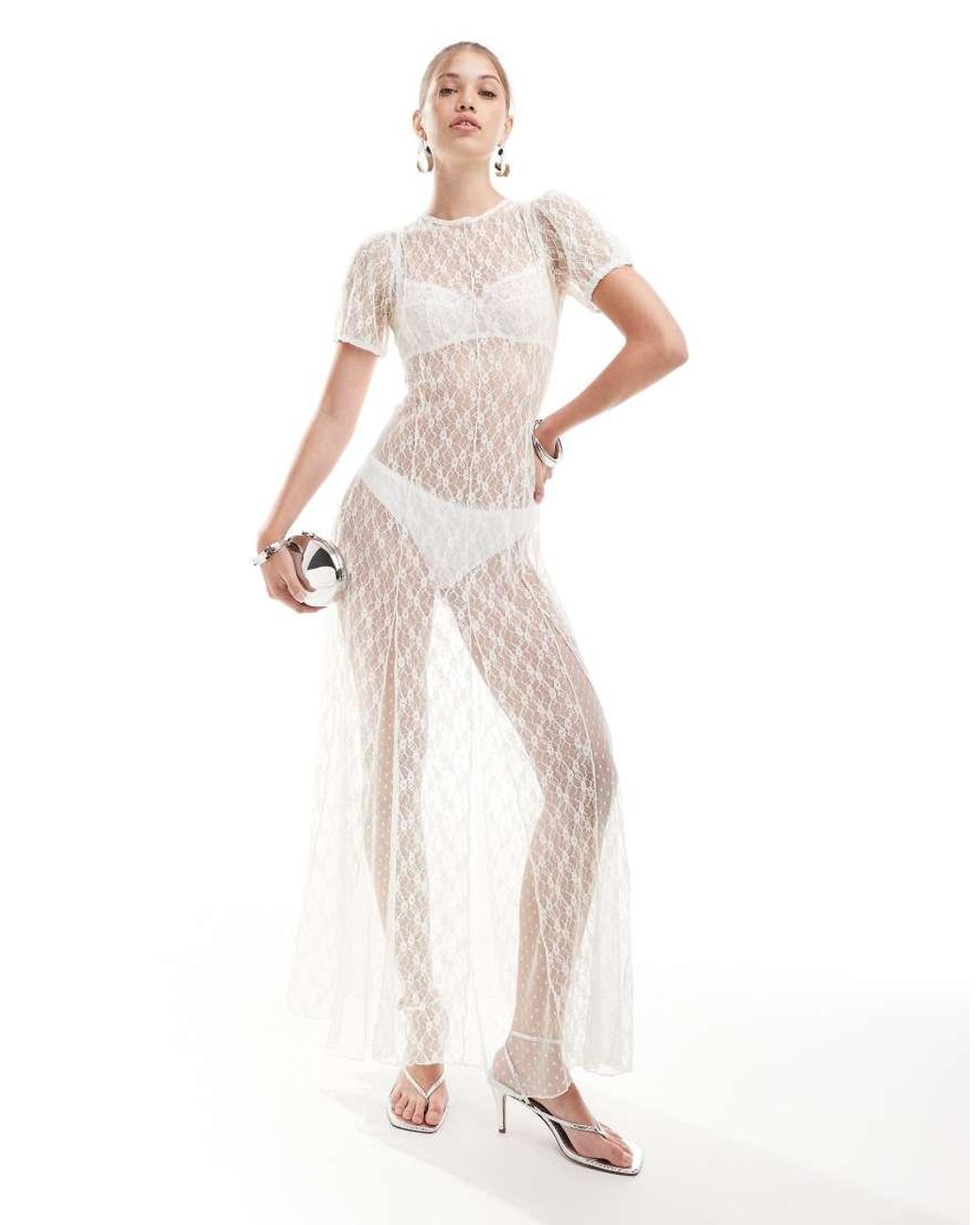 Miss Selfridge Festival Sheer Lace Maxi Dress With Godets in White | Lyst UK