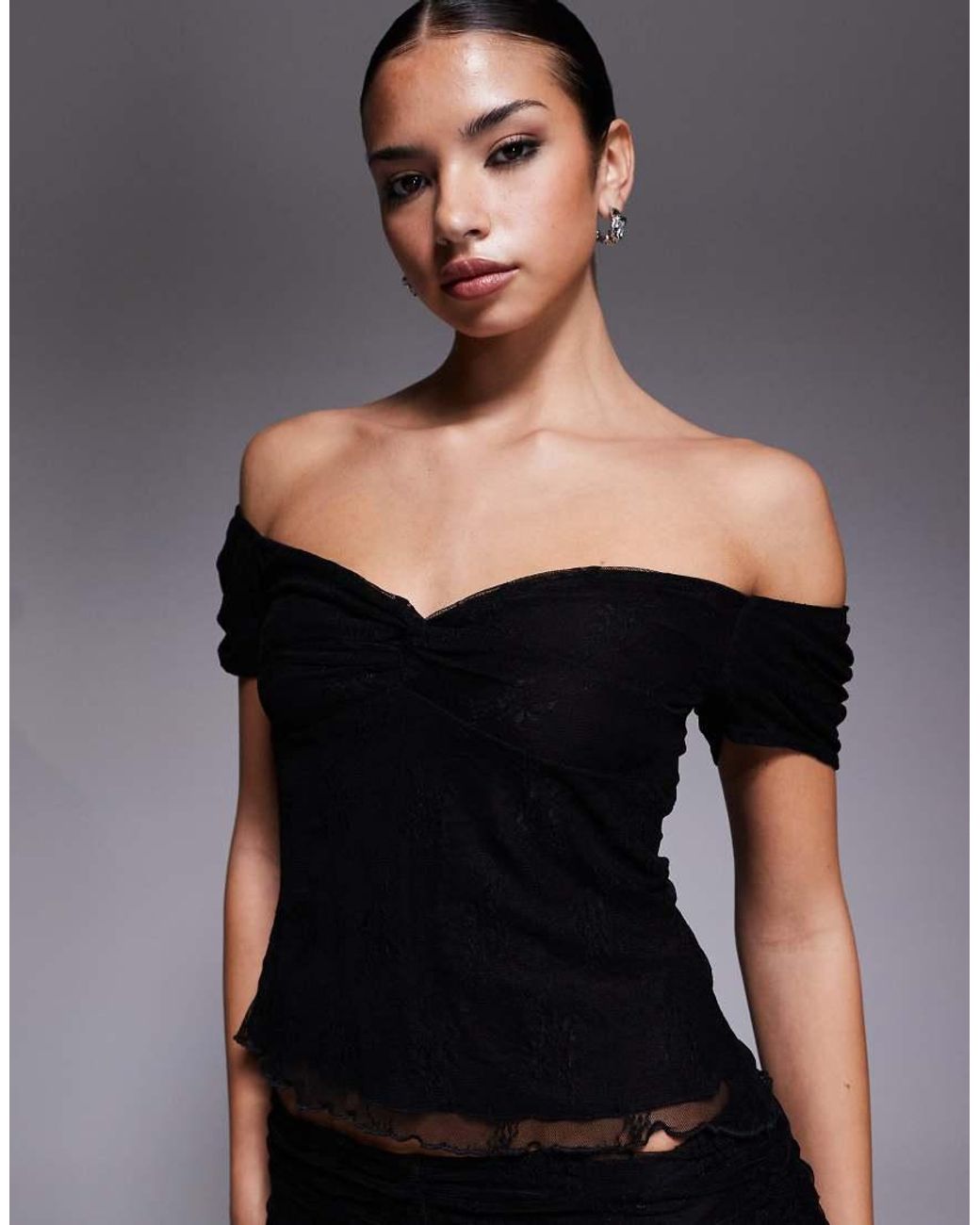 Fashionkilla Black Exclusive Floral Lace Mesh Overlay Sweetheart Neckline Off Shoulder Floaty Hem Top Co-ord