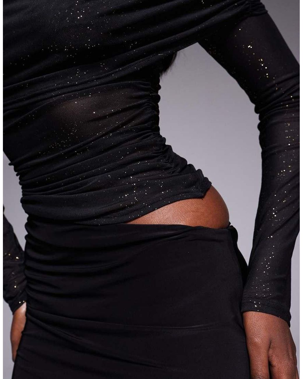 Fashionkilla Blue Exclusive Glitter Mesh Foldover Bardot Contrast Skirt Detail Mini Dress