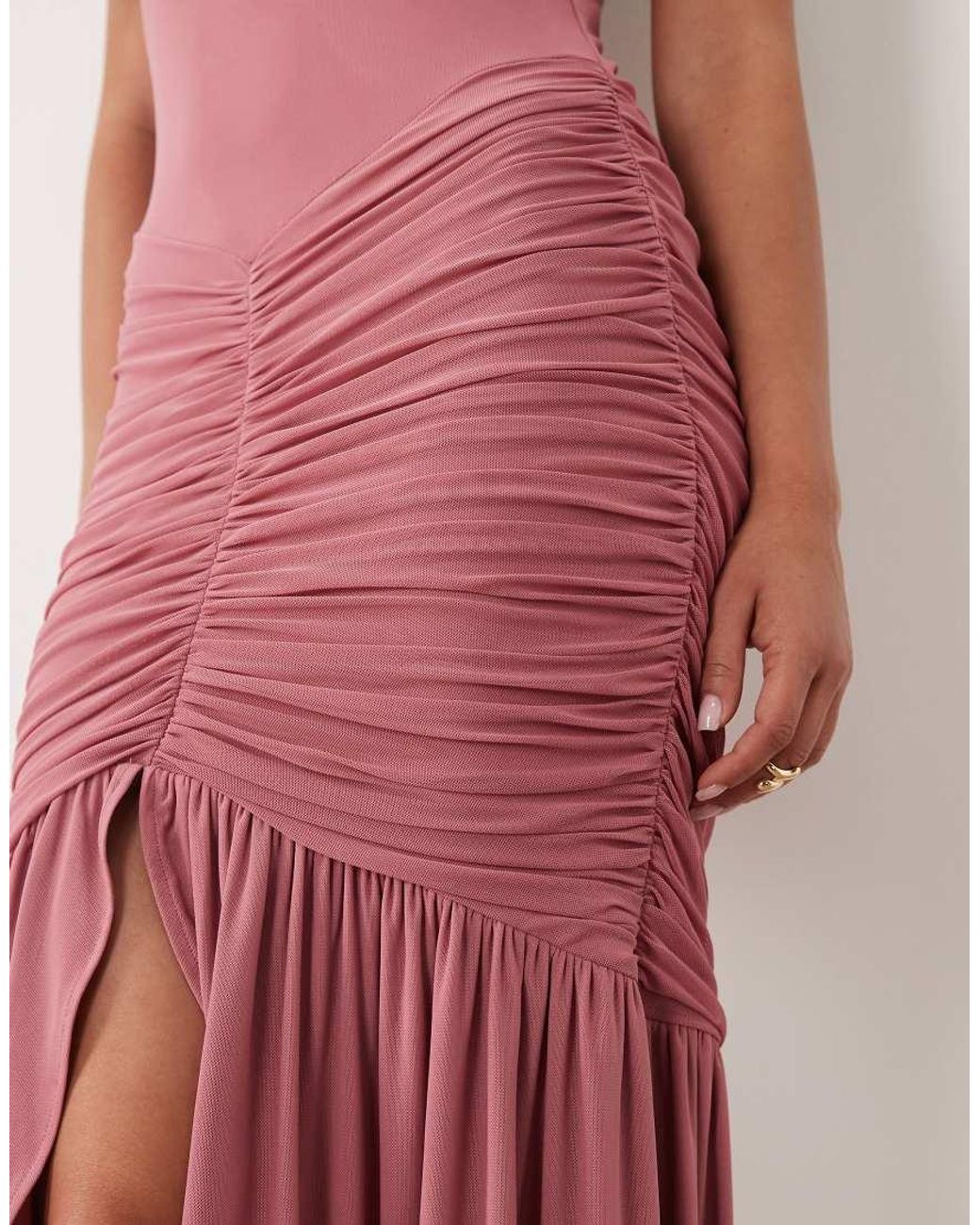 ASOS Pink High Neck Cowl Mesh Maxi Dress With Frill Split Detail