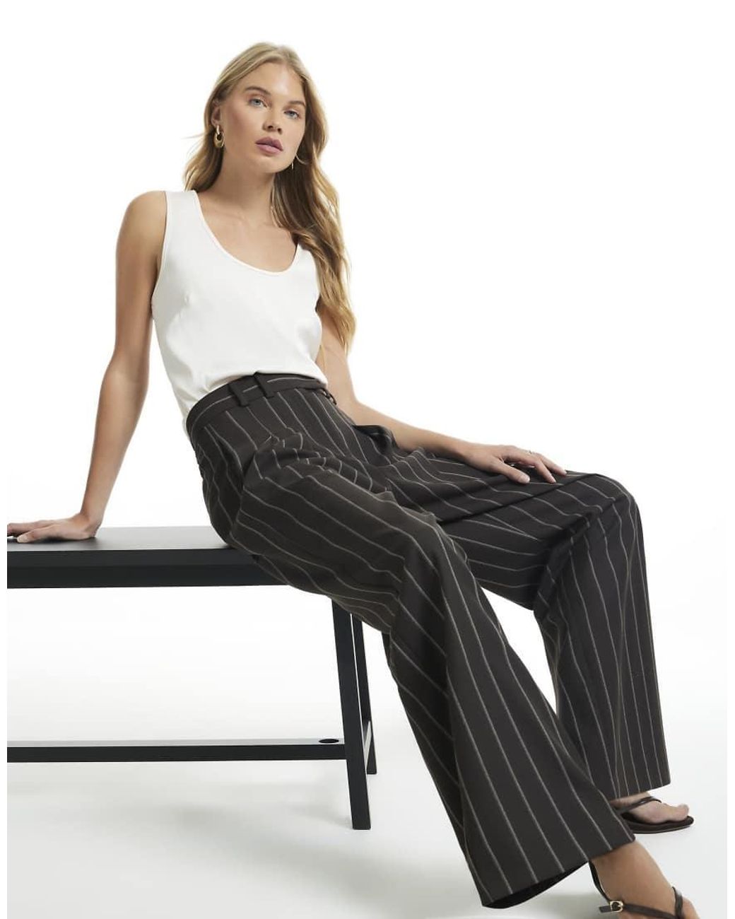 River Island Brown Stripe Wide Leg Trousers