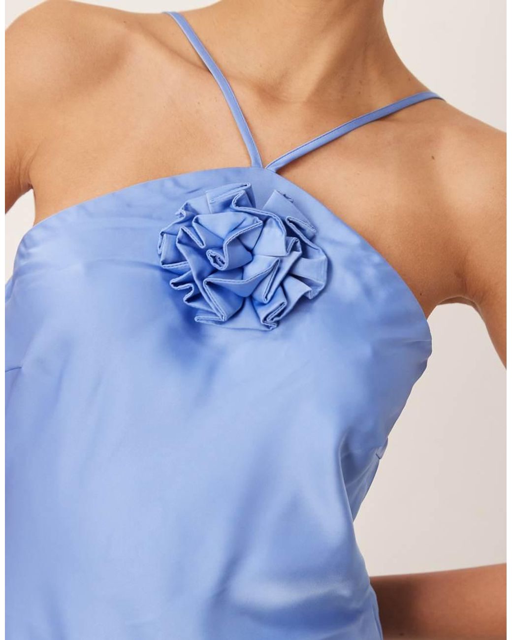 Y.A.S Blue Halter Neck Satin Maxi Dress With Corsage Detail