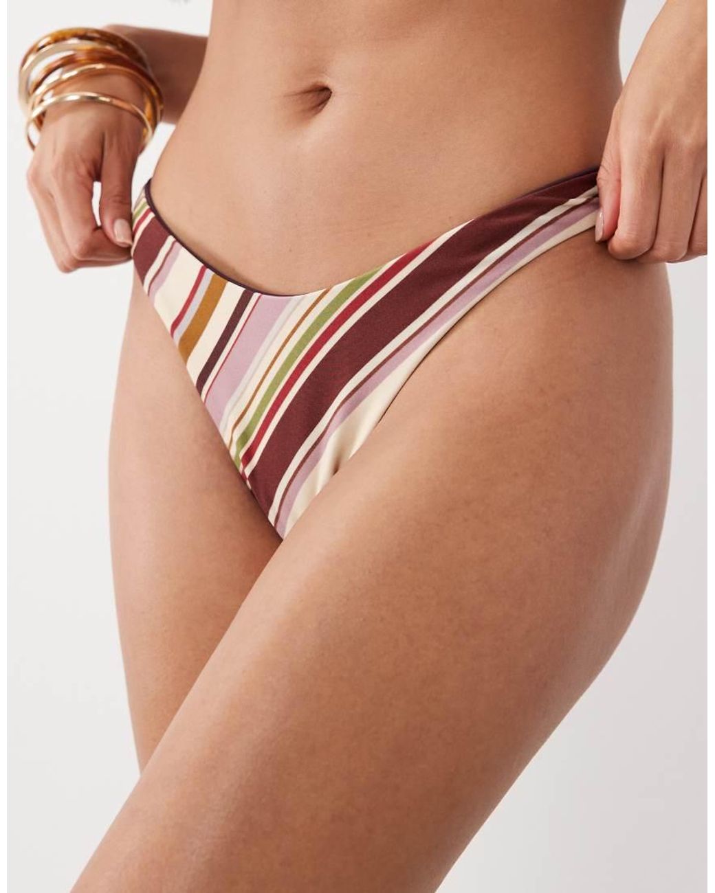 ASOS Brown Susie Sue Stripe Reversible Ibiza High Leg Cheeky Bikini Bottom