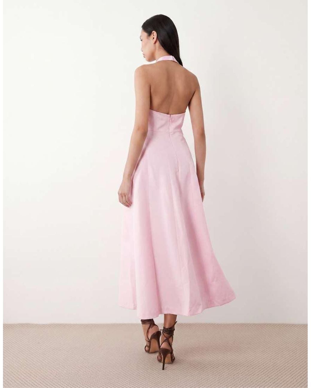 Forever New Pink Linen Mix Halter Neck Midi Dress With Hardware Detail