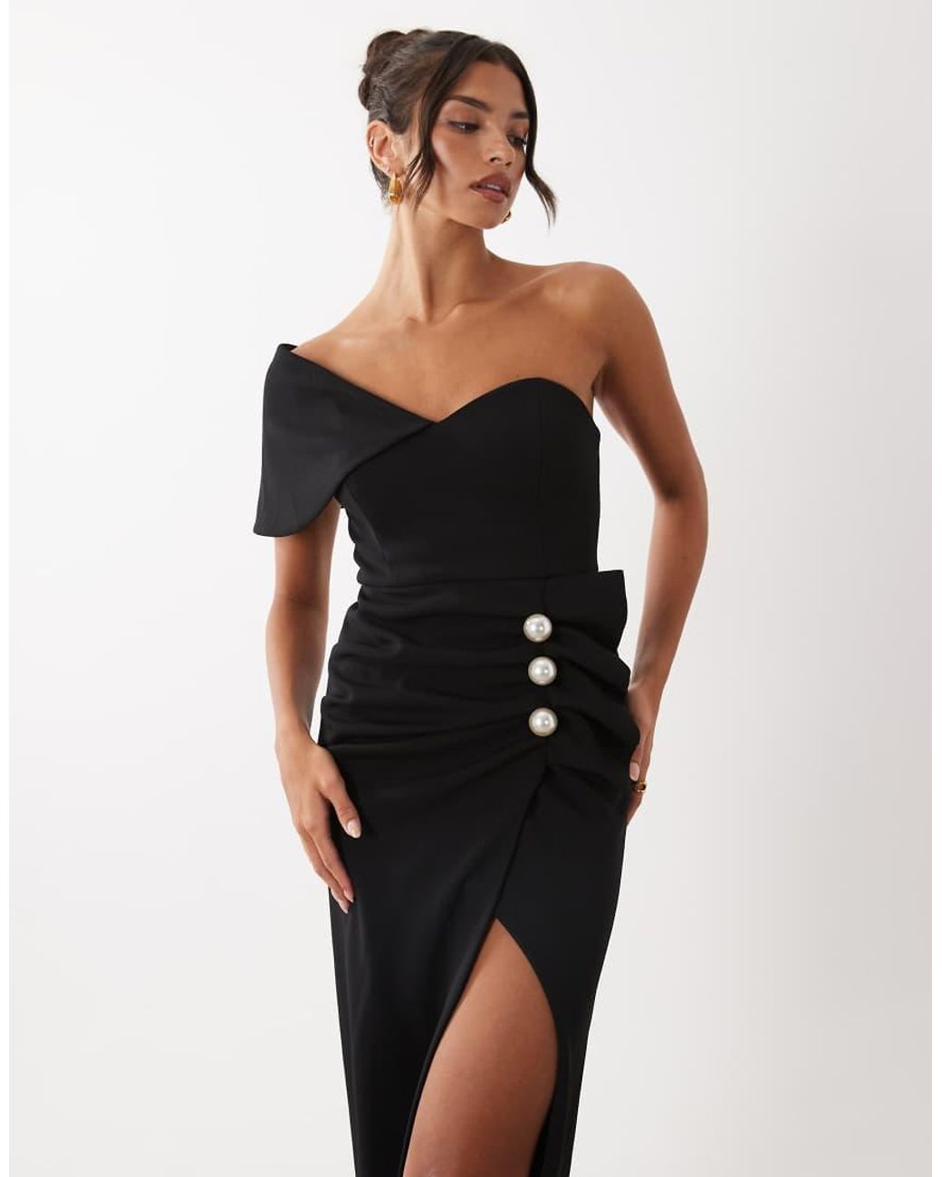 ASOS Natural Structured Drape Midi Dress With Pearl Detail