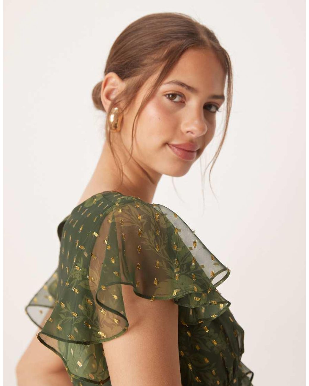 ANAYA Green Metallic Accent Floral V Neck Midi Dress