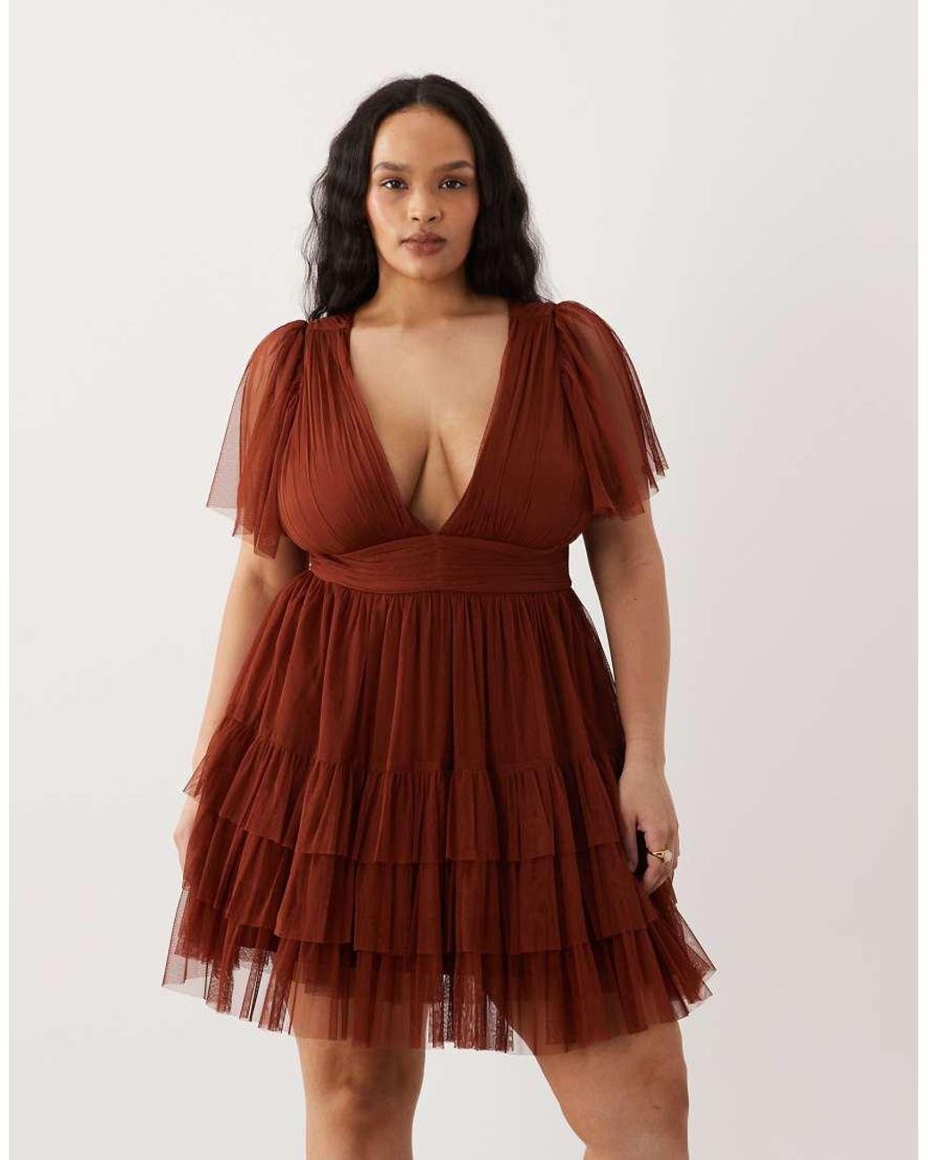 Lace & Beads Plus Red V-neck Ruffle Skirt Mini Dress