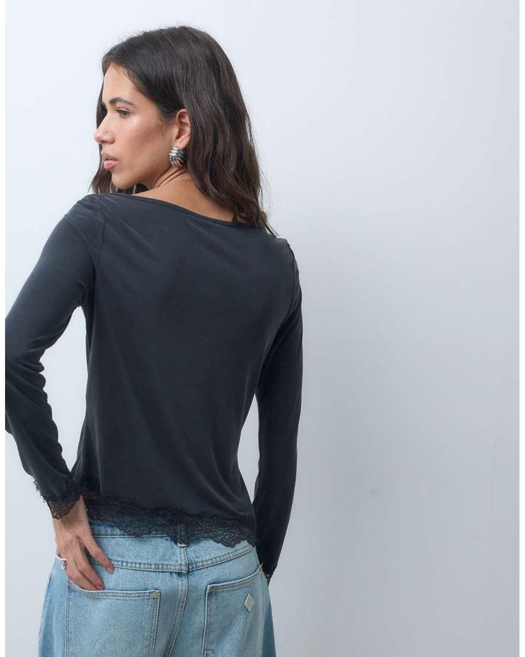 ONLY Blue Crew Neck Asymmetric Long Sleeve Top With Lace Hem