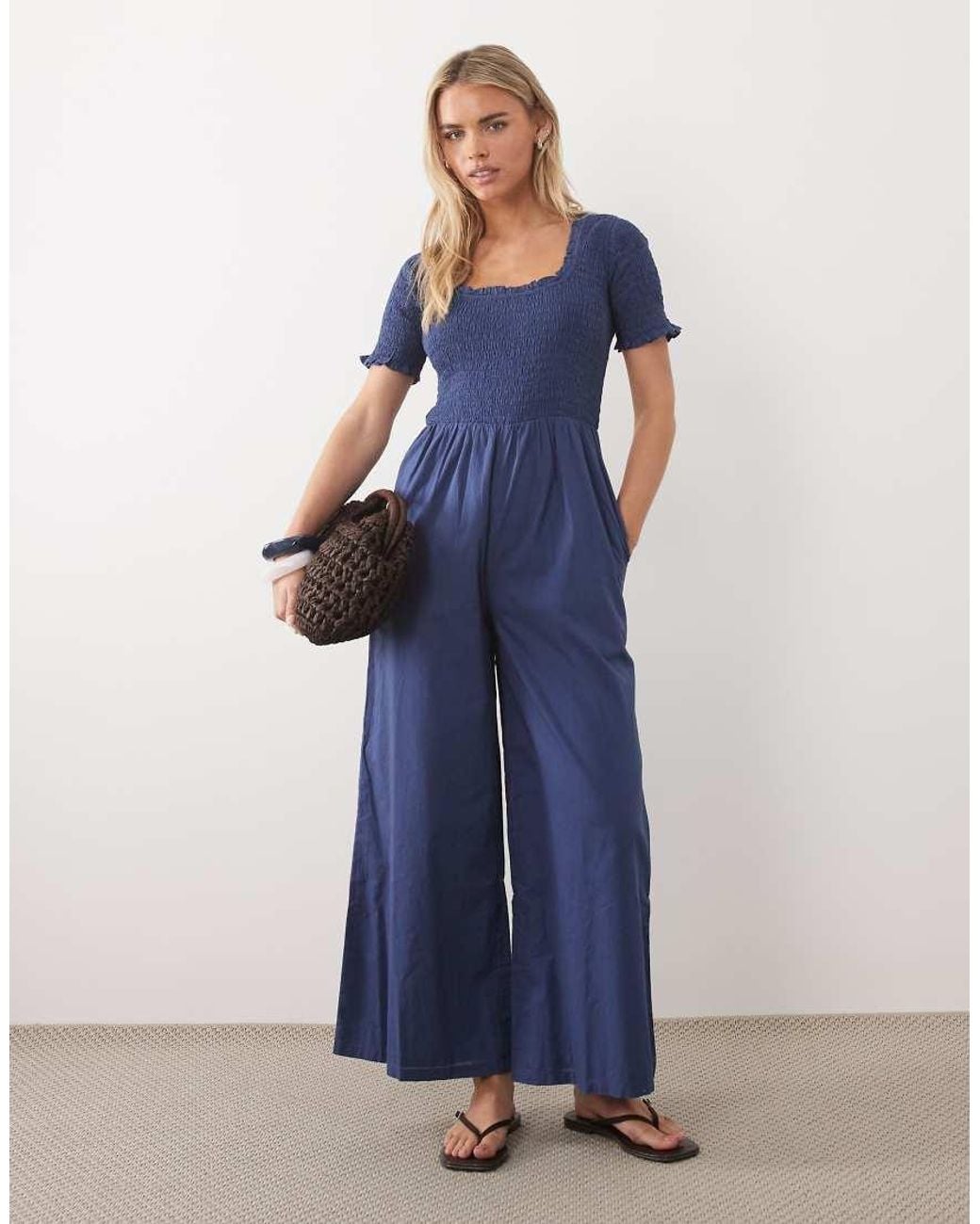Nobody's Child Petite Blue Zita Cotton Short Sleeve Shirred Bodice Wide Leg Jumpsuit