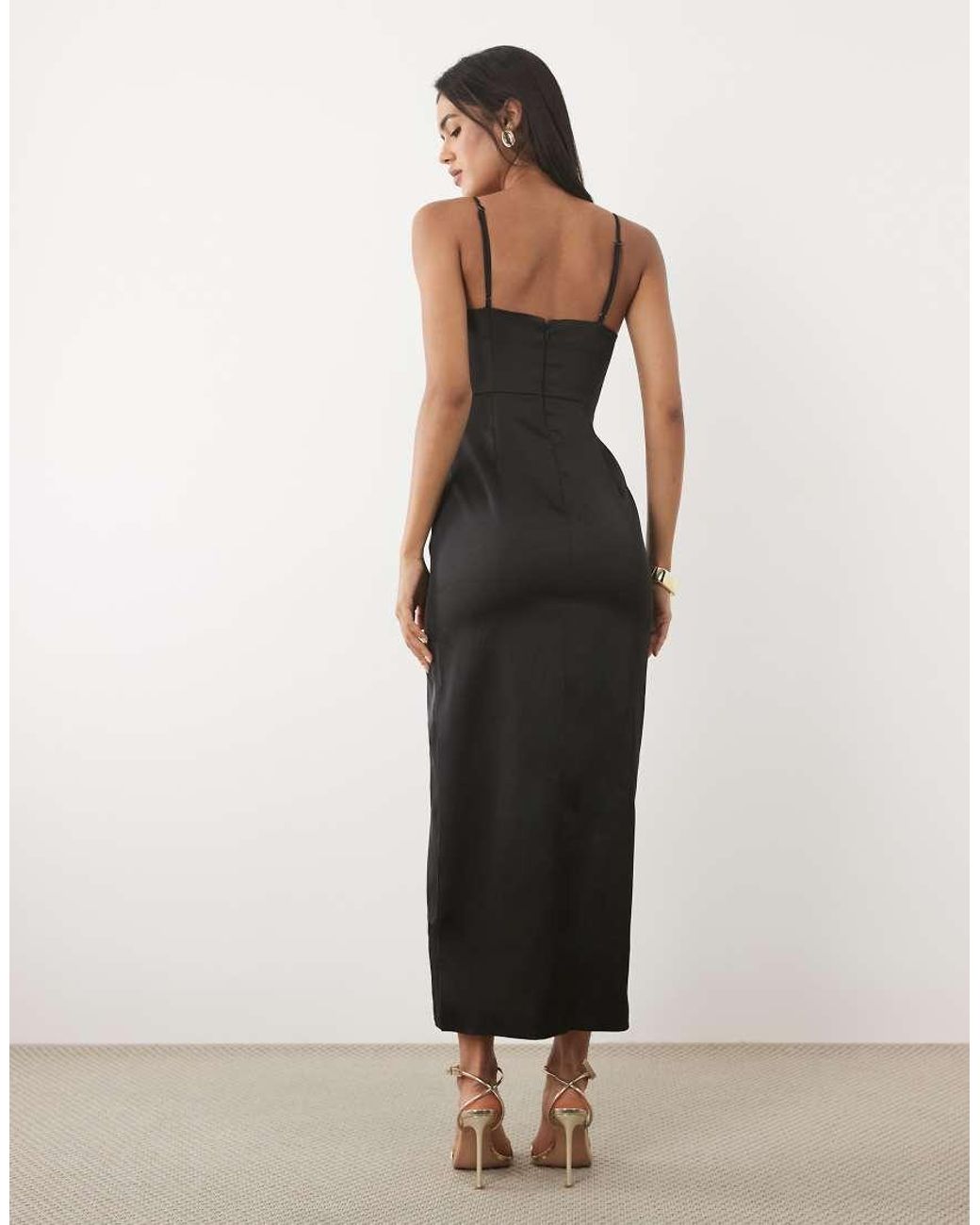 JW PEI Black 3D Floral Appliques Thigh-High Side Slit Maxi Dress