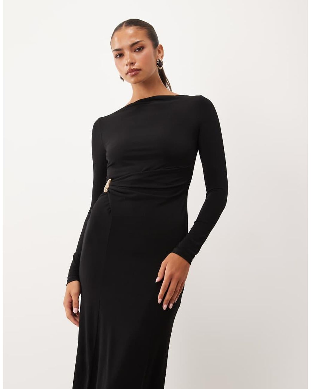 ASOS Black Long Sleeve Twist Hardware Detail Midi Dress