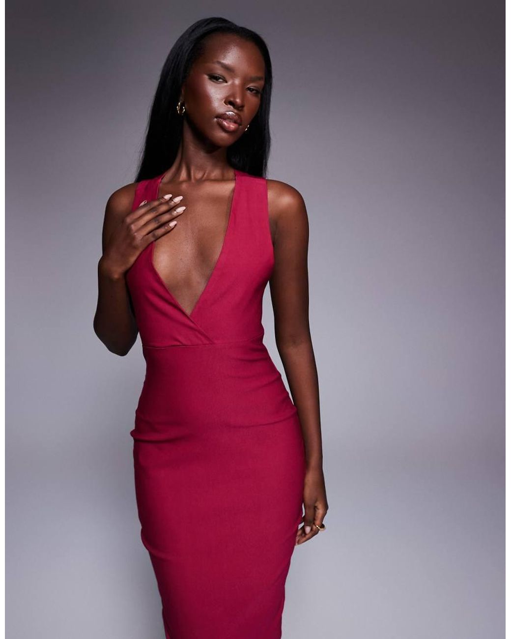 Vesper Red Plunge Neck Bodycon Midaxi Dress With Cross Straps