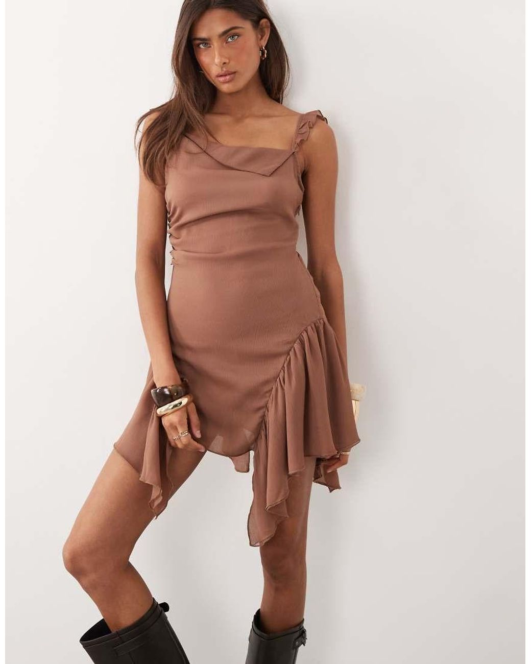 Monki Natural Asymmetric Ruffle Chiffon Mini Dress
