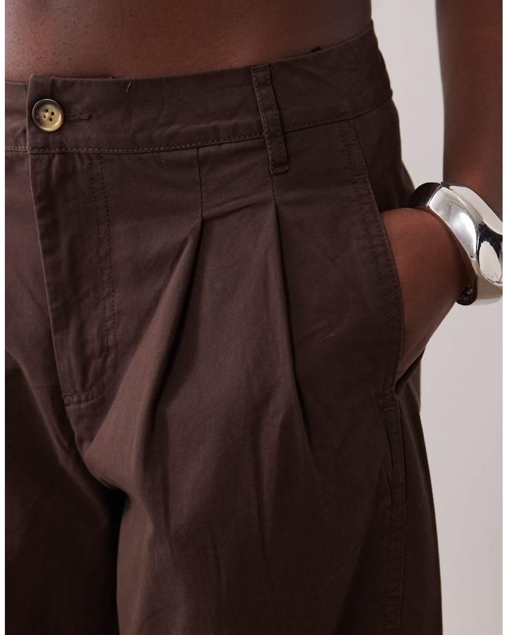 Nobody's Child Brown Artie Cotton Twill Pleat Barrel Leg Cropped Trousers