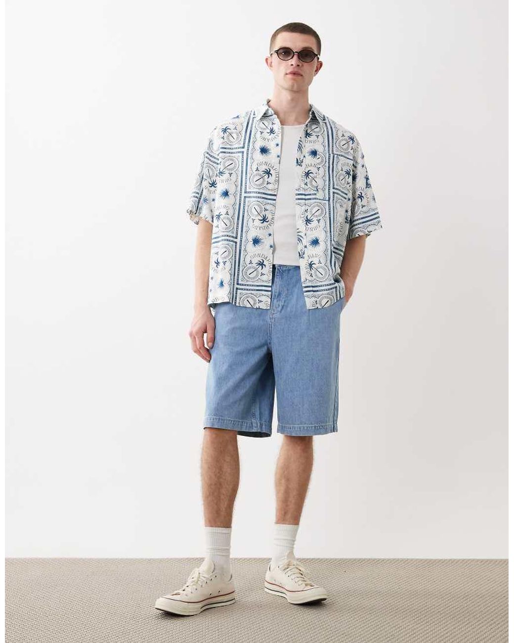 ASOS Blue Oversized Linen Blend Shirt With Tile Print for men