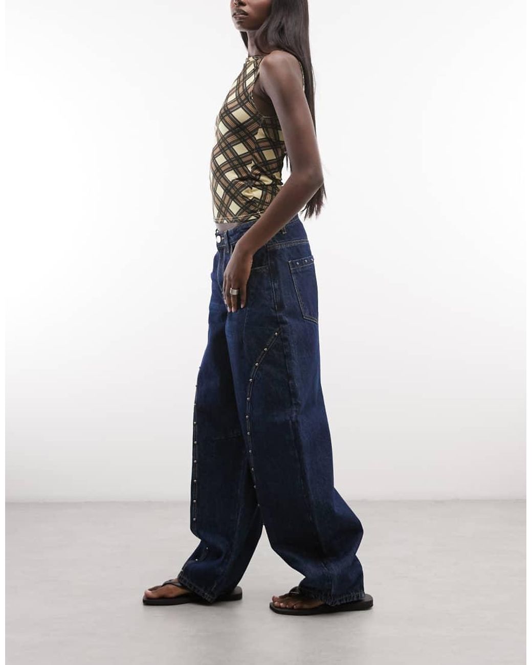 Daisy Street Blue Mid Rise Barrel Leg Studded Jeans
