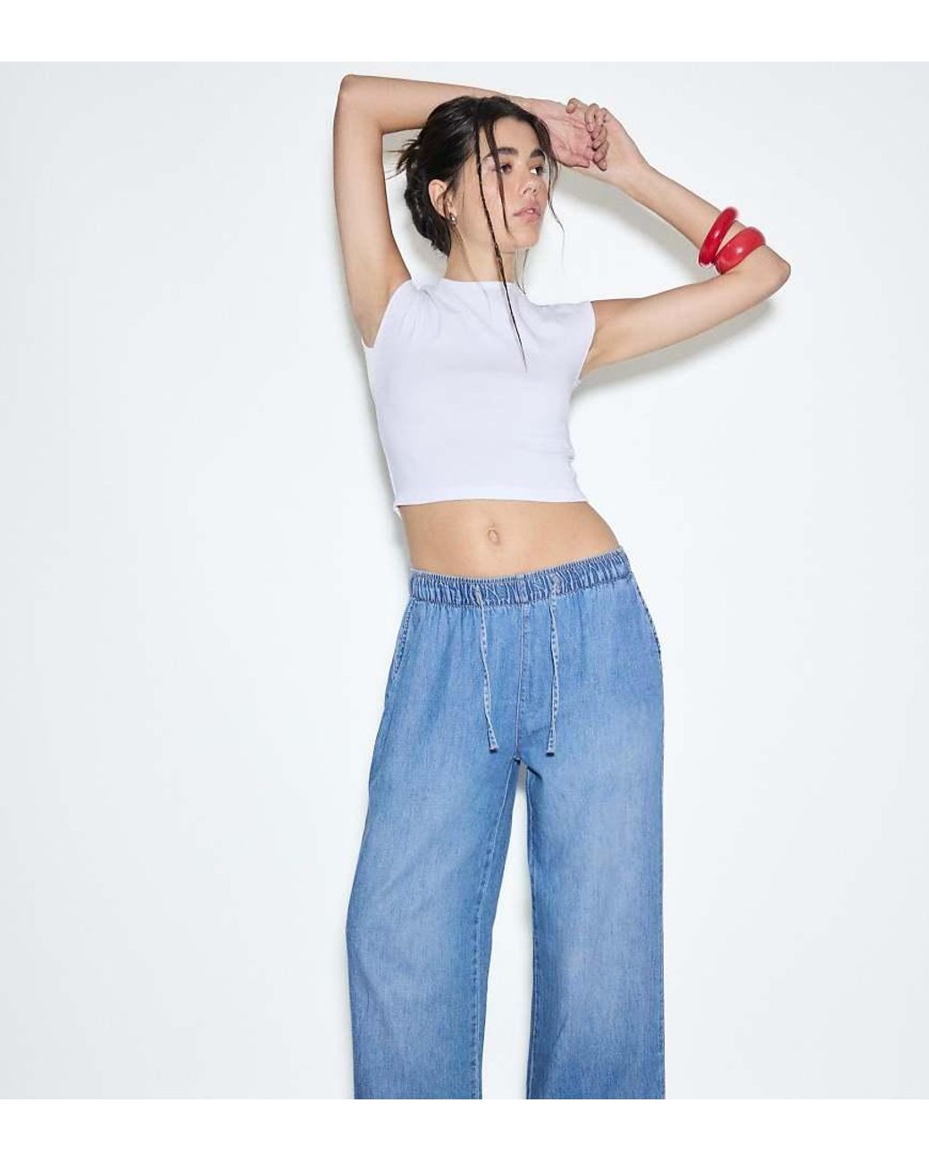 Stradivarius Blue Petite Flowy Denim Trousers With Drawstring