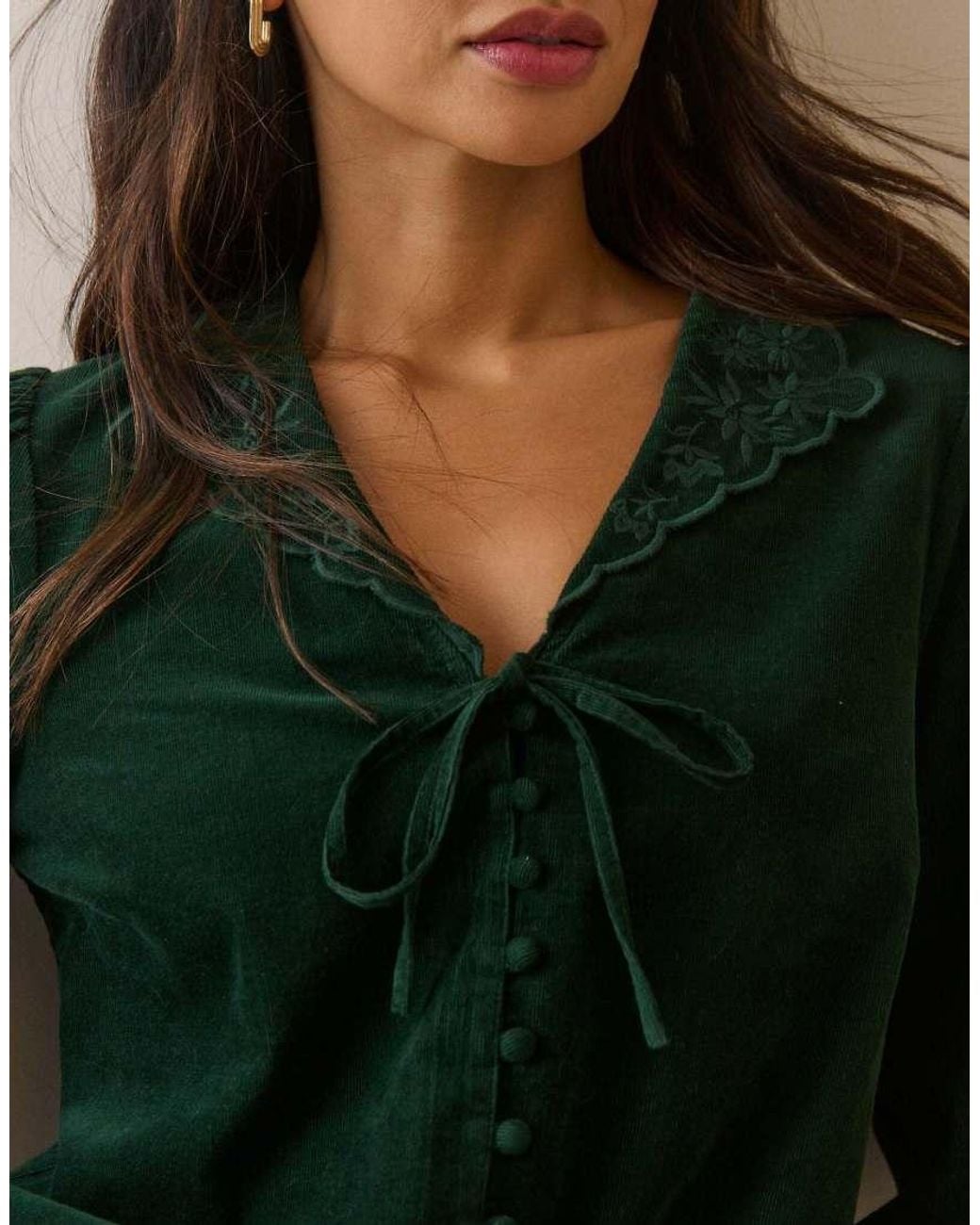 Nobody's Child Green Forest Floral Embroidered Collar Cord Blouse