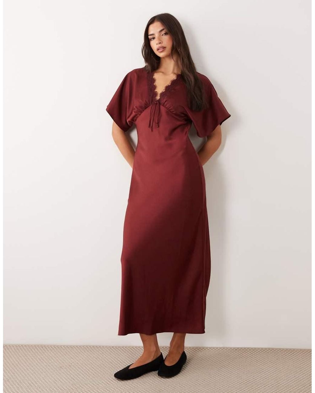 Miss Selfridge Red Satin And Lace Batwing Maxi Dress