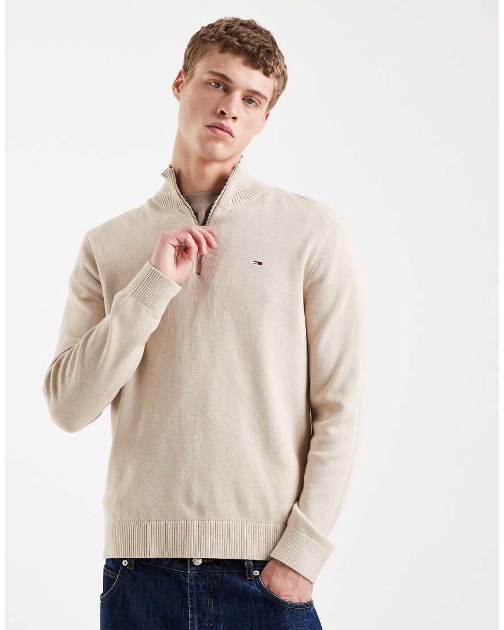 Tommy Hilfiger Natural Chest Logo Quarter Zip Sweater for men