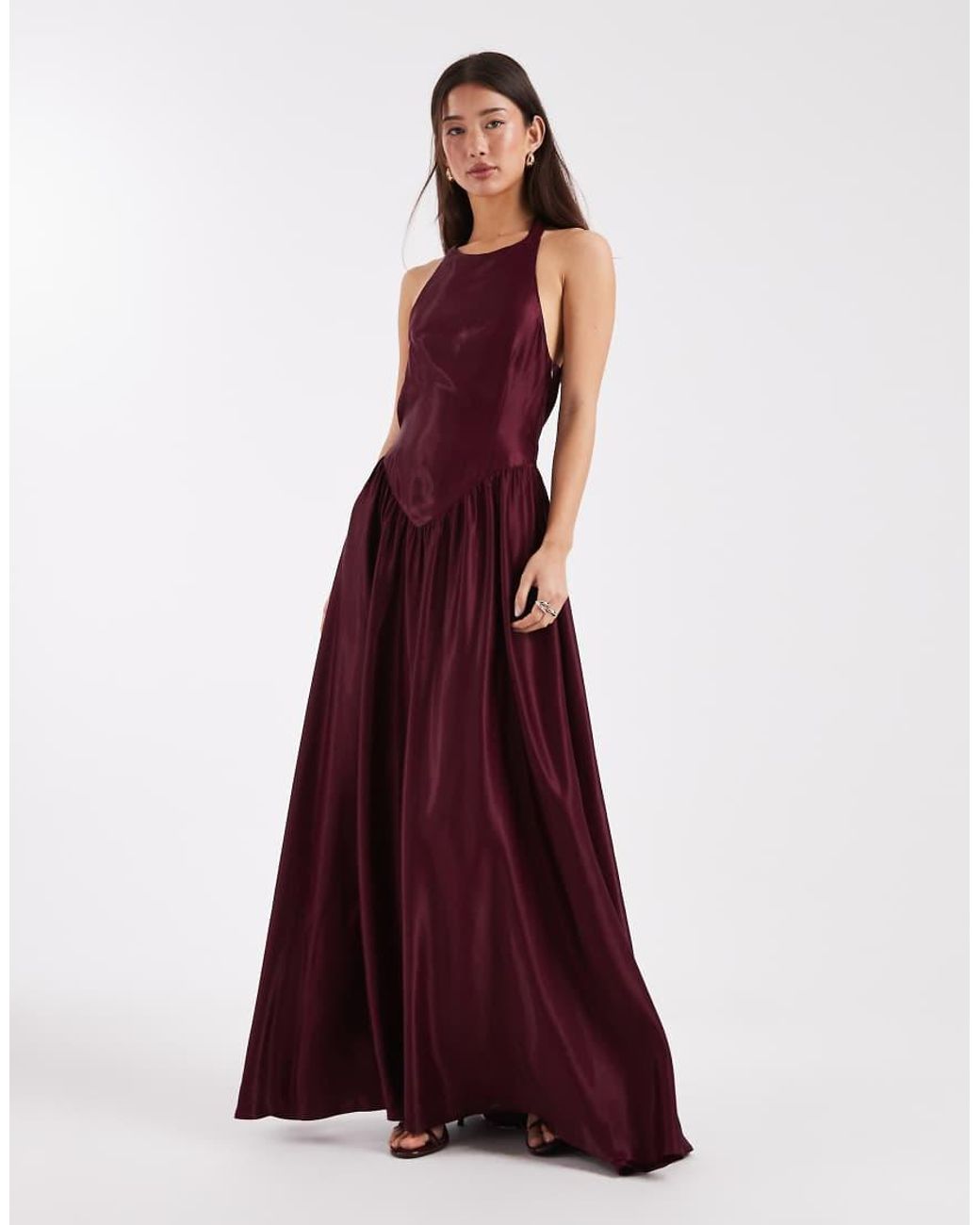 ASOS Purple Satin Slash Neck Seam Detail Maxi Dress