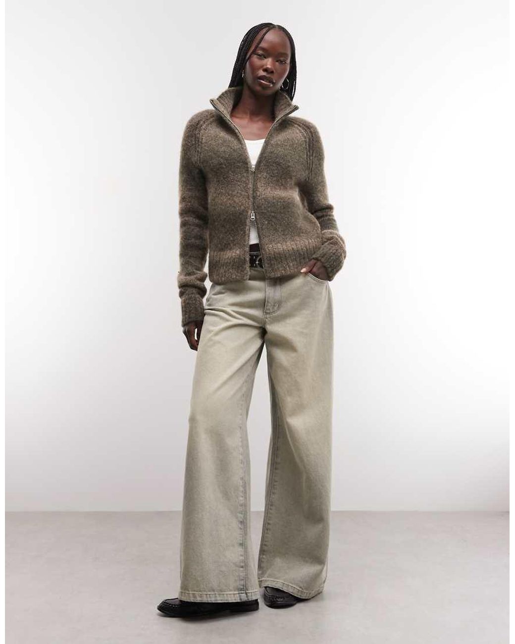 Weekday Gray Wool Blend Hairy Knit Zip Through Cardigan