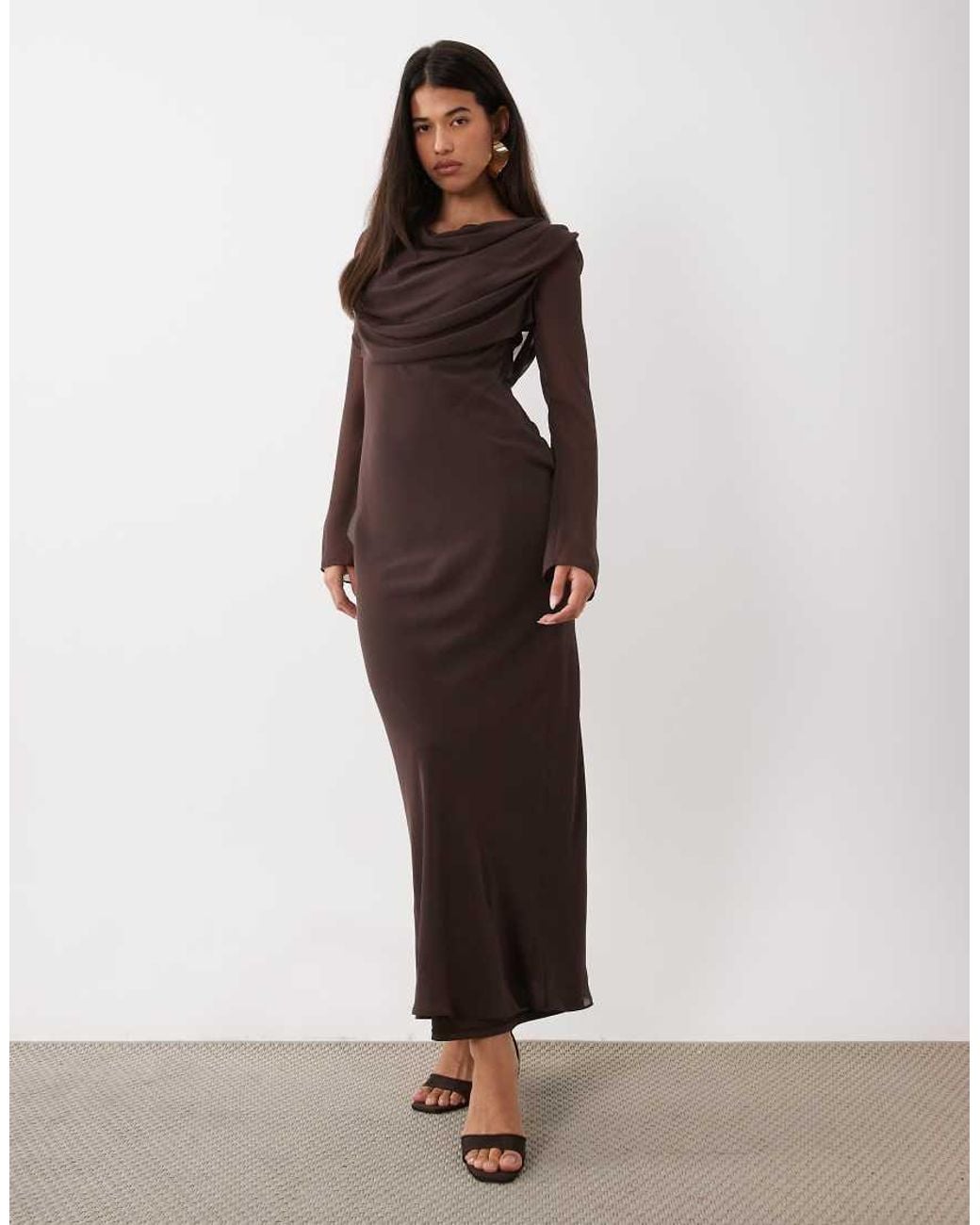 DASKA Brown Chiffon Cowl Neck Maxi Dress With Mesh Detail