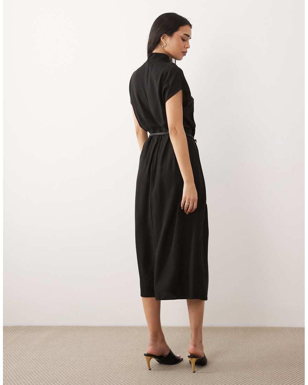 Mango Black High Neck Sleeveless Belted Midi Dress
