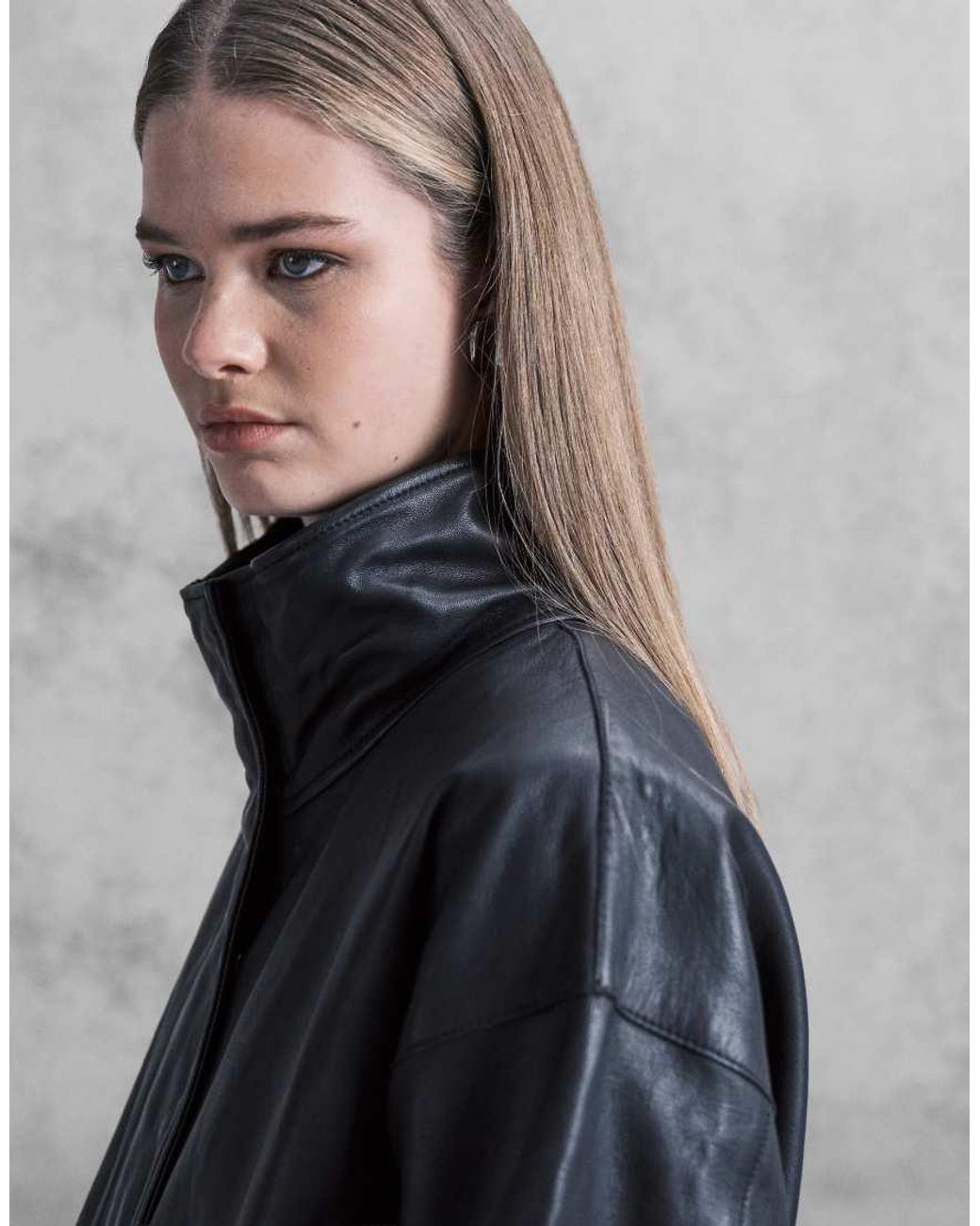 AllSaints Gray Ryder Funnel Neck Relaxed Leather Jacket