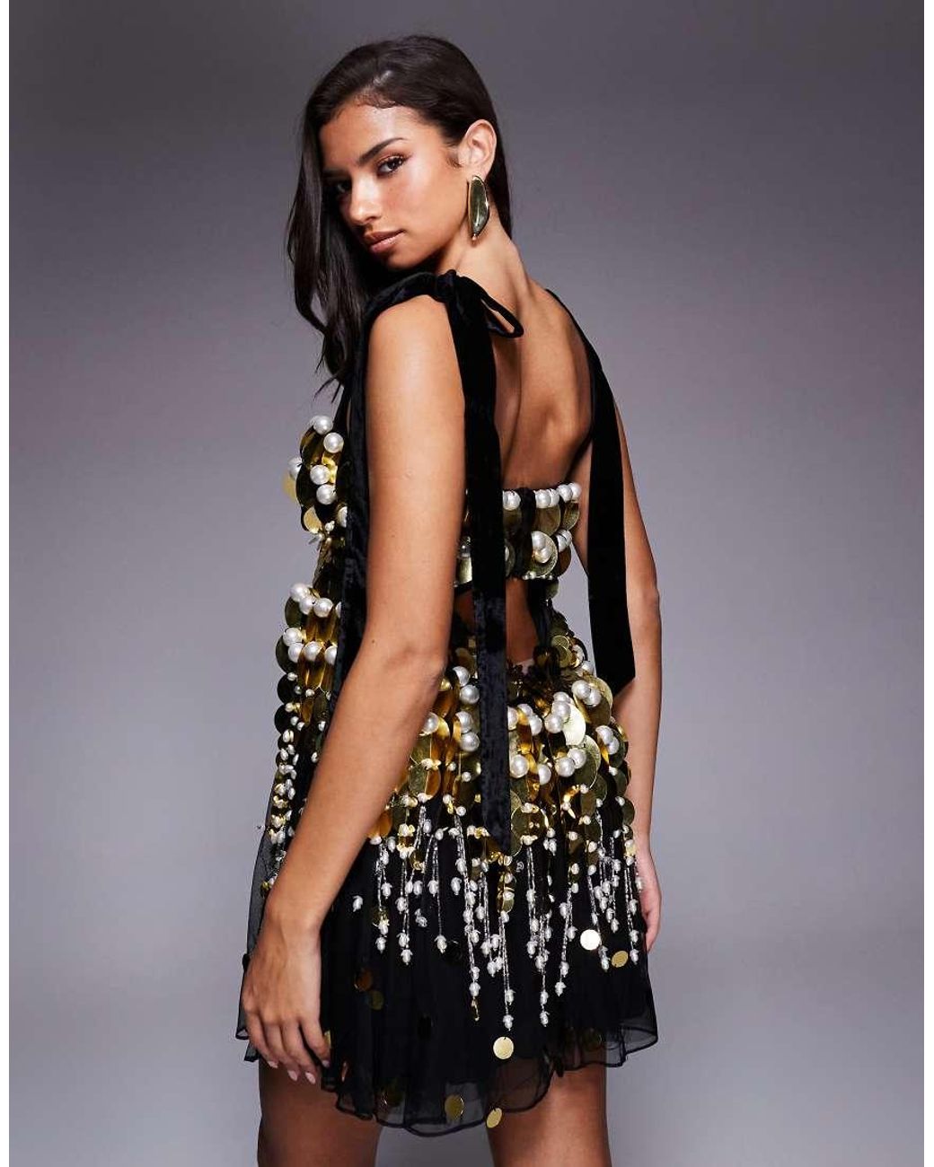 ASOS Black Embellished Gold And Baby Doll Mini Dress With Velvet Tie Straps