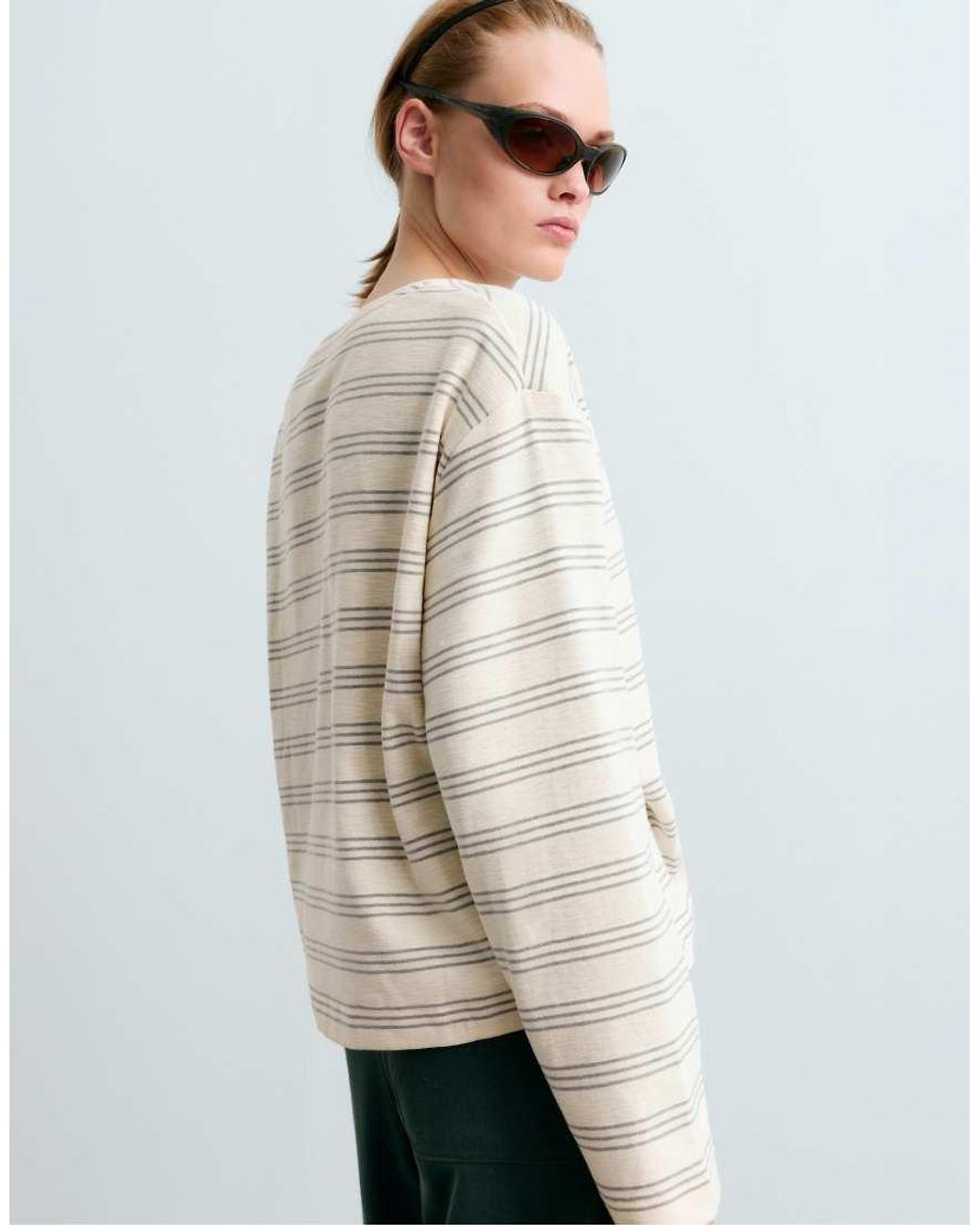 Oysho White Rustic Striped Relaxed Long-Sleeved T-Shirt