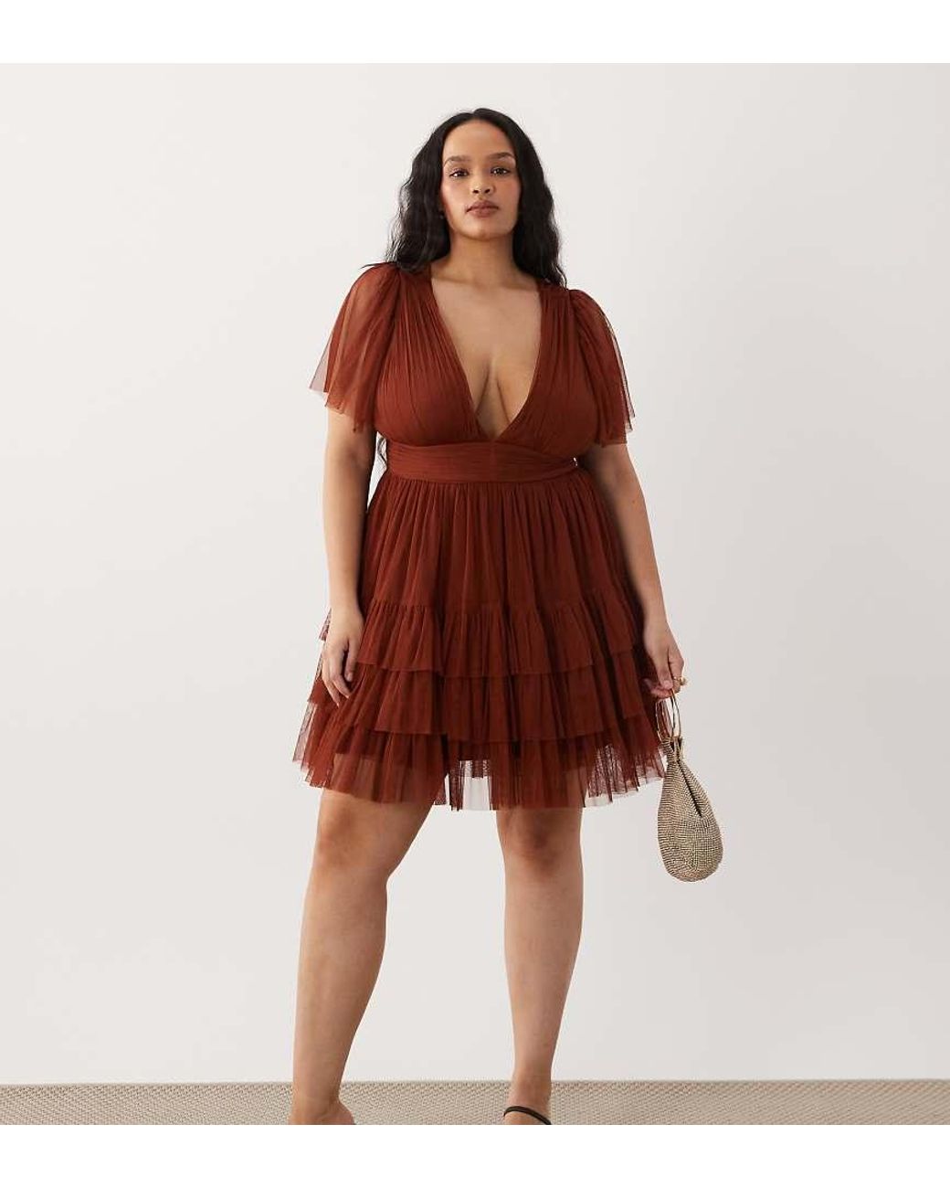 Lace & Beads Plus Red V-neck Ruffle Skirt Mini Dress