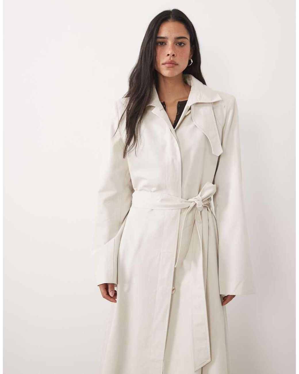 4th & Reckless Natural Funnel Buckle Neck Detail Button Through Midi Trench Coat