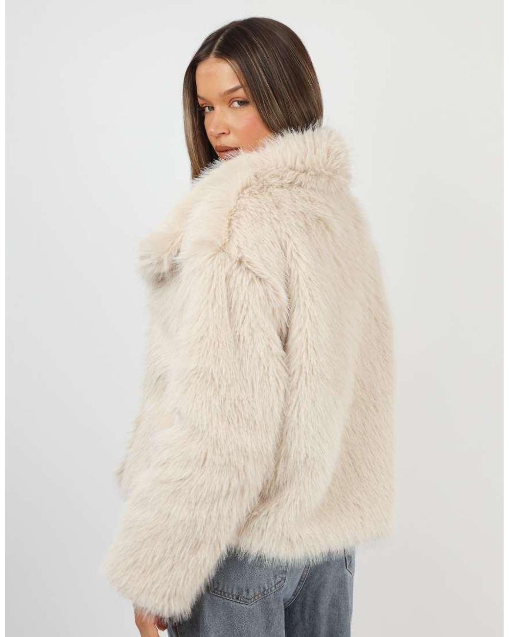 SIMMI Natural Arabella Oversized Collar Faux Fur Coat