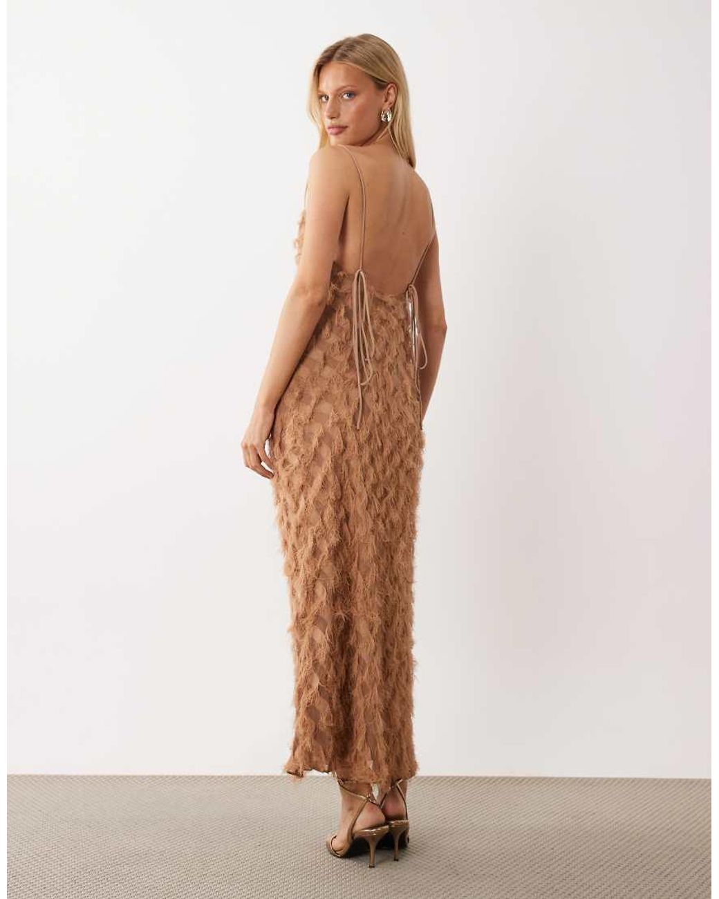 ASOS Natural Textured Fringe Backless Maxi Dress
