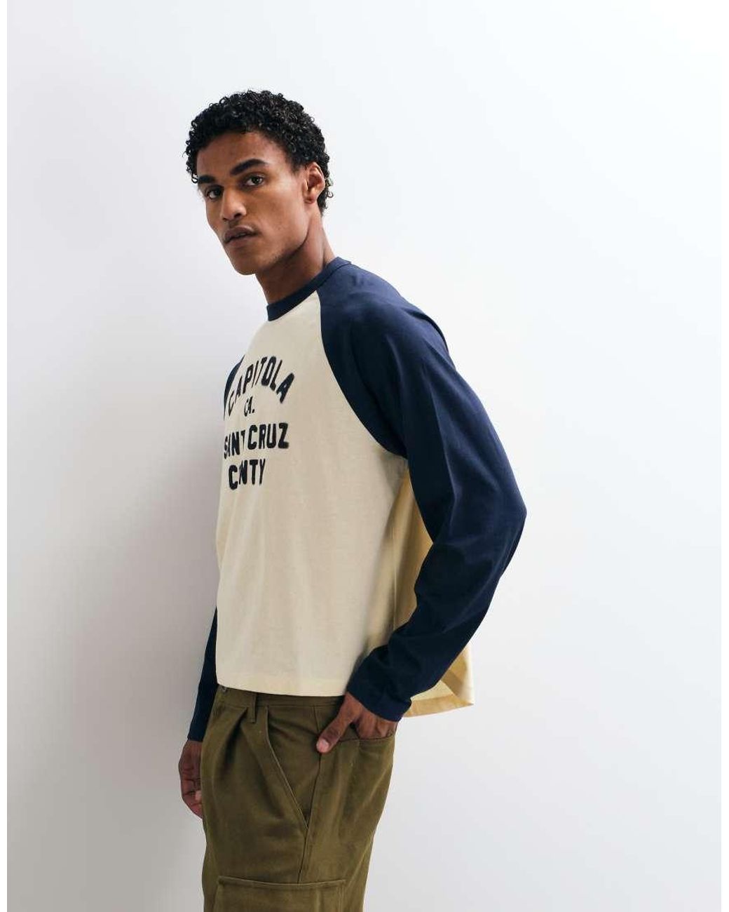 ASOS White Oversized Raglan Long Sleeve T-Shirt With Text Print And Curved Hem for men