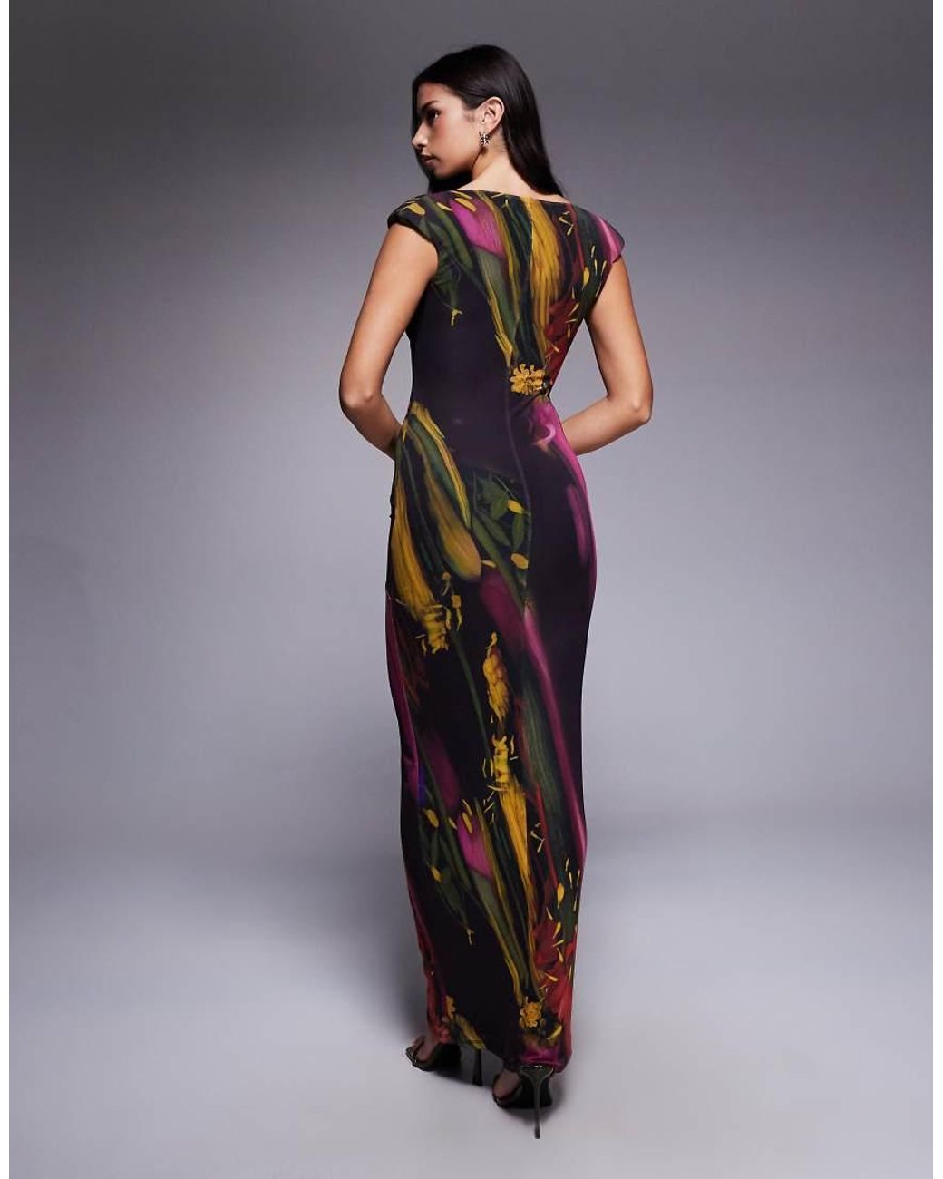ASOS Blue Printed Mesh Cowl Drape Midi Dress With Shoulder Pad