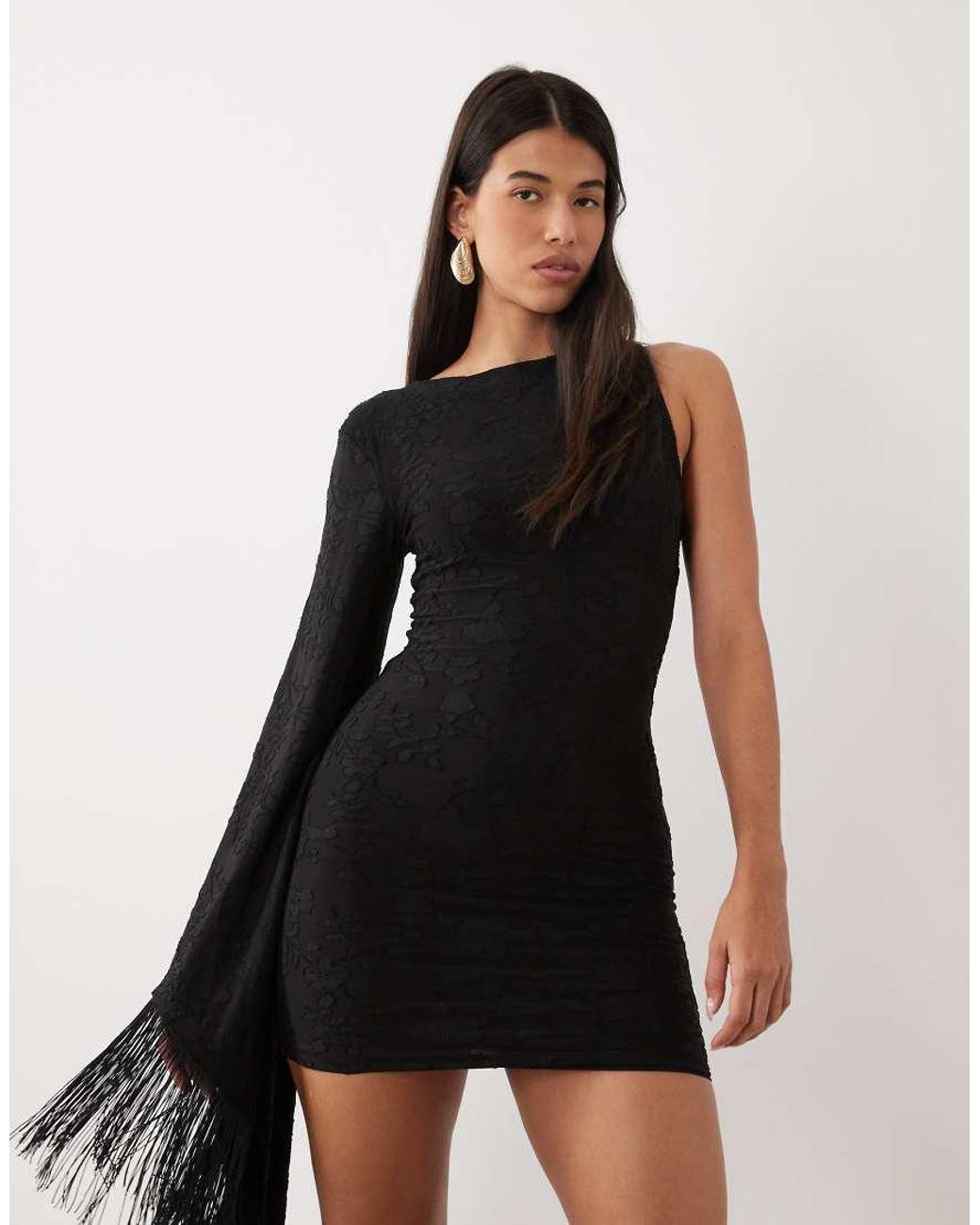 ASOS Black One-shoulder Floral Devore Mini Dress With Fringe Detail