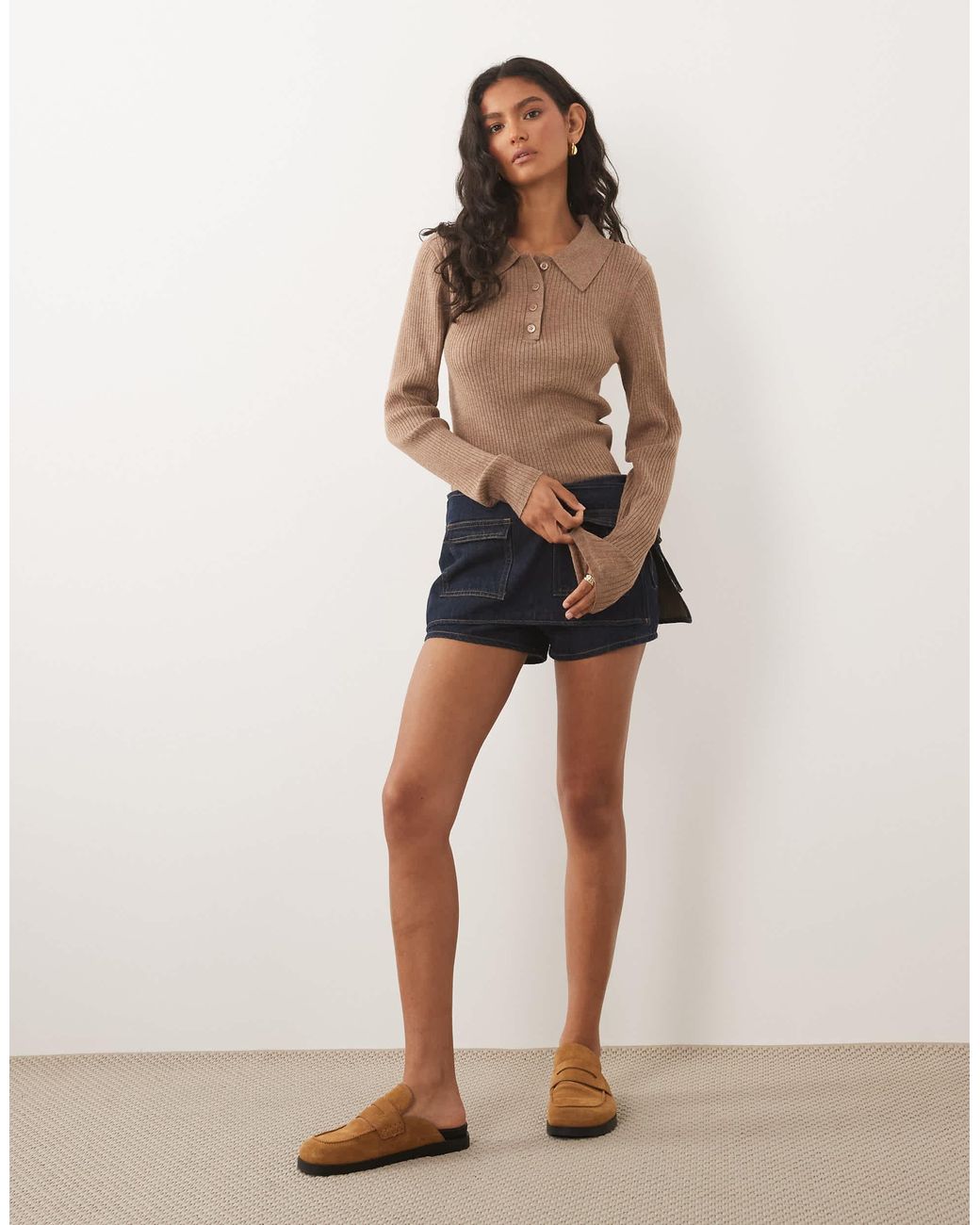 Threadbare Brown Long Sleeve Knit Polo Top