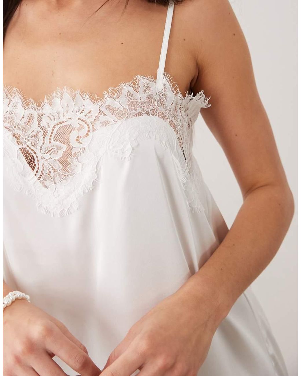 KAT THE LABEL White Olivia Lace Trim Satin Dress