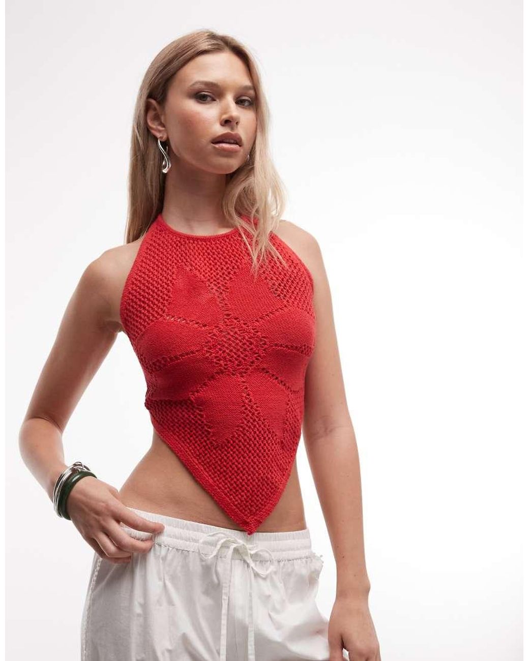 Reclaimed Vintage Red Crochet Halter Neck Dipped Hem Top