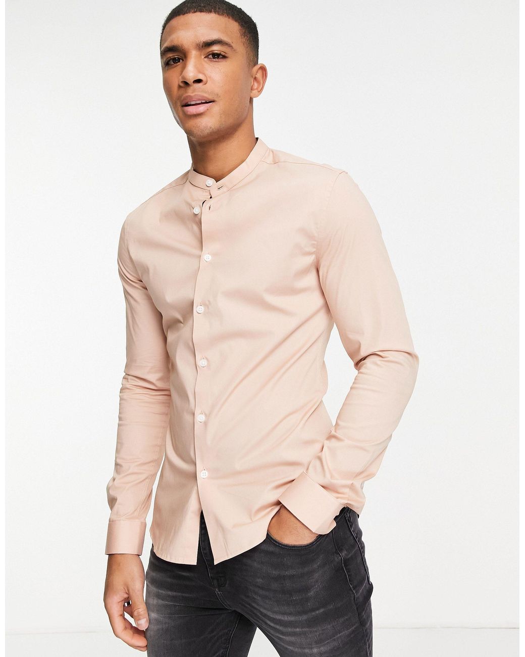 ASOS Skinny Fit Shirt With Grandad Collar in Pink for Men Lyst