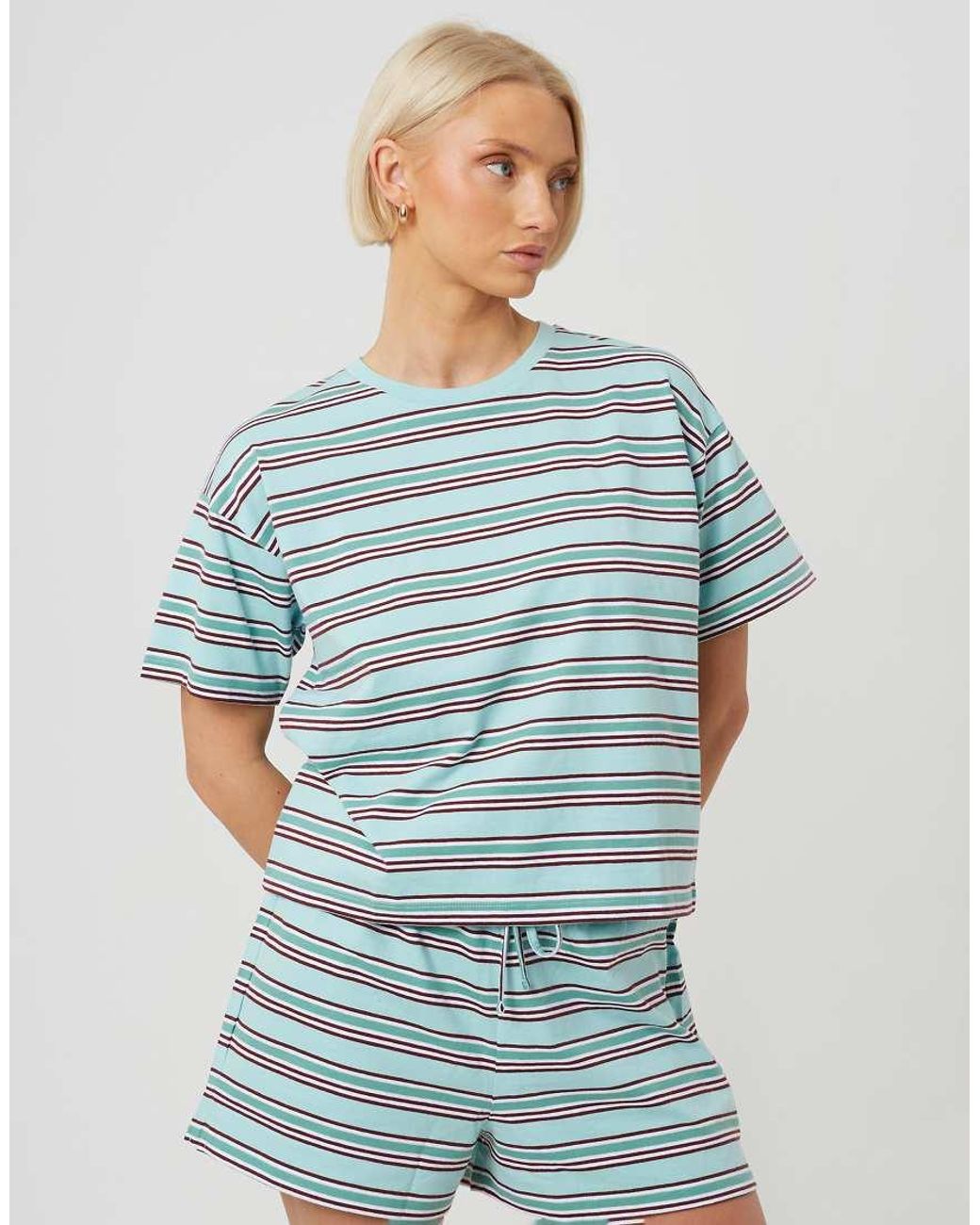 Brave Soul Blue Cotton Oversized Stripe T-Shirt