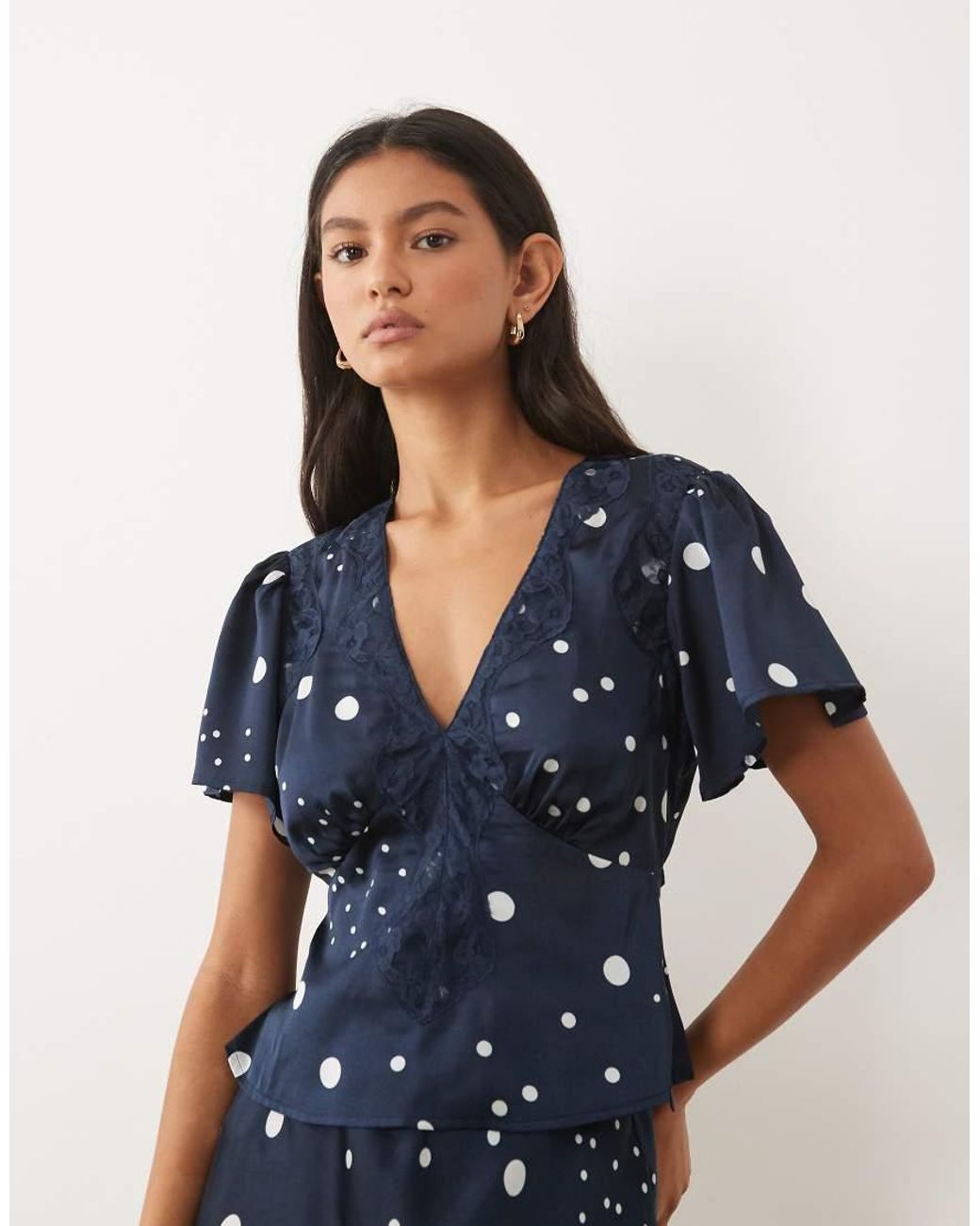 Wednesday's Girl Blue Short Sleeve Satin Top With Lace Trim