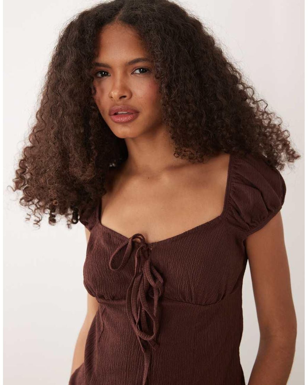 ASOS Brown Textured Puff Sleeve With Tie Up Detail Top