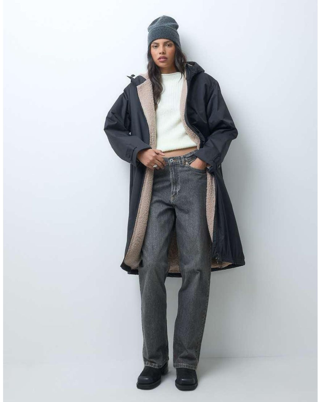 ASOS Gray Longline Rain Coat With Borg Liner